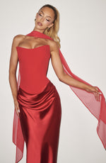 Maxi Dress Strapless Boned Corset Satin Cowl Skirt