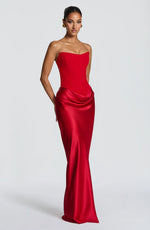 Maxi Dress Strapless Boned Corset Satin Cowl Skirt