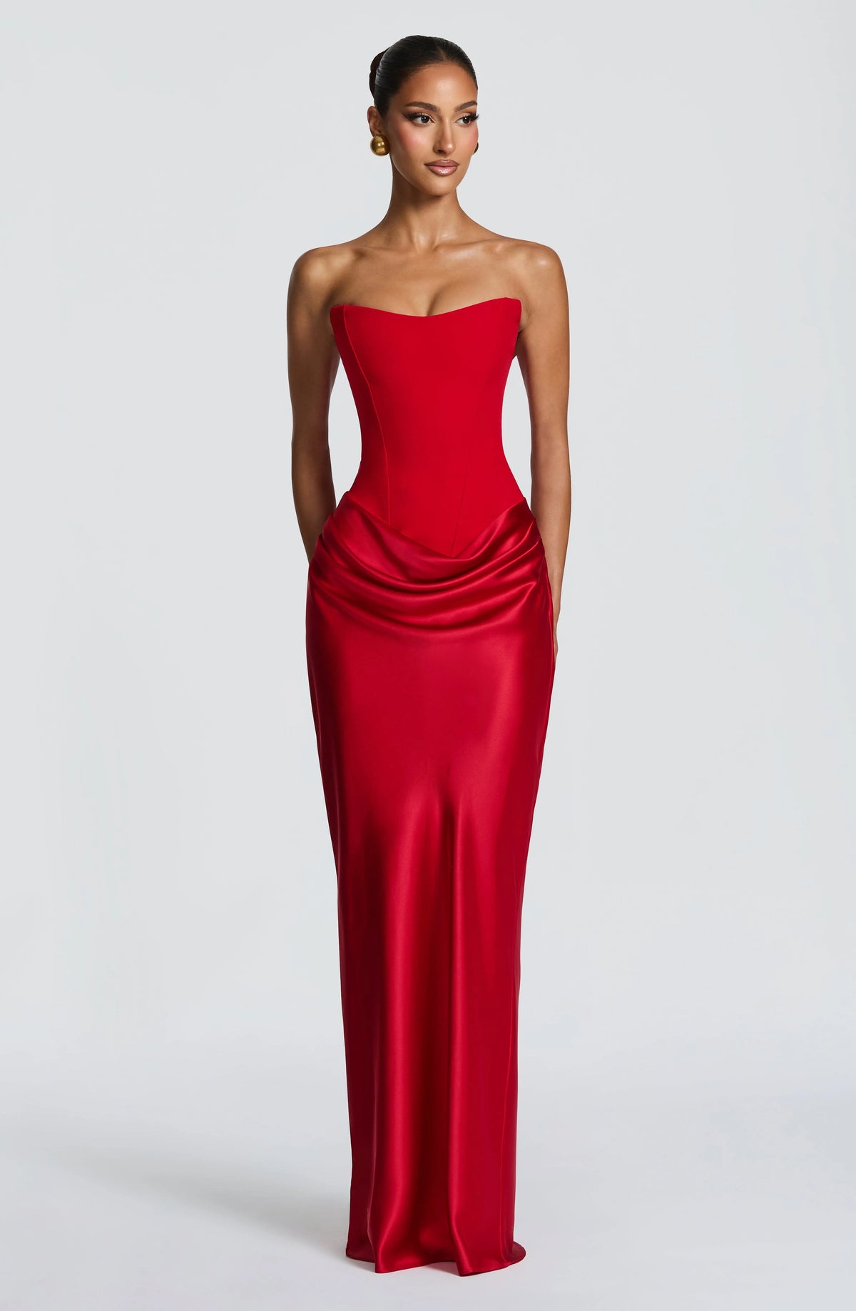 Maxi Dress Strapless Boned Corset Satin Cowl Skirt