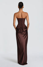Maxi Dress Strapless Boned Corset Satin Cowl Skirt
