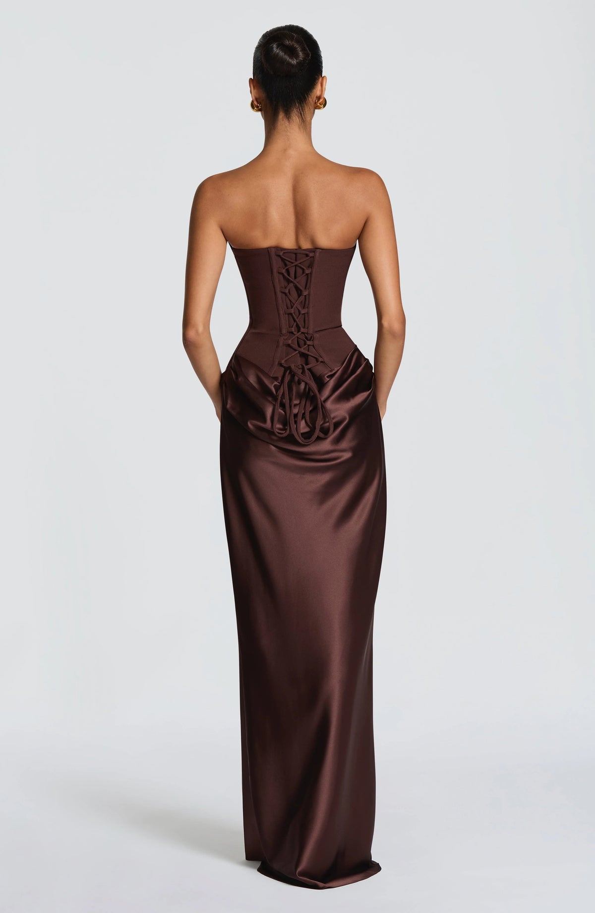 Maxi Dress Strapless Boned Corset Satin Cowl Skirt