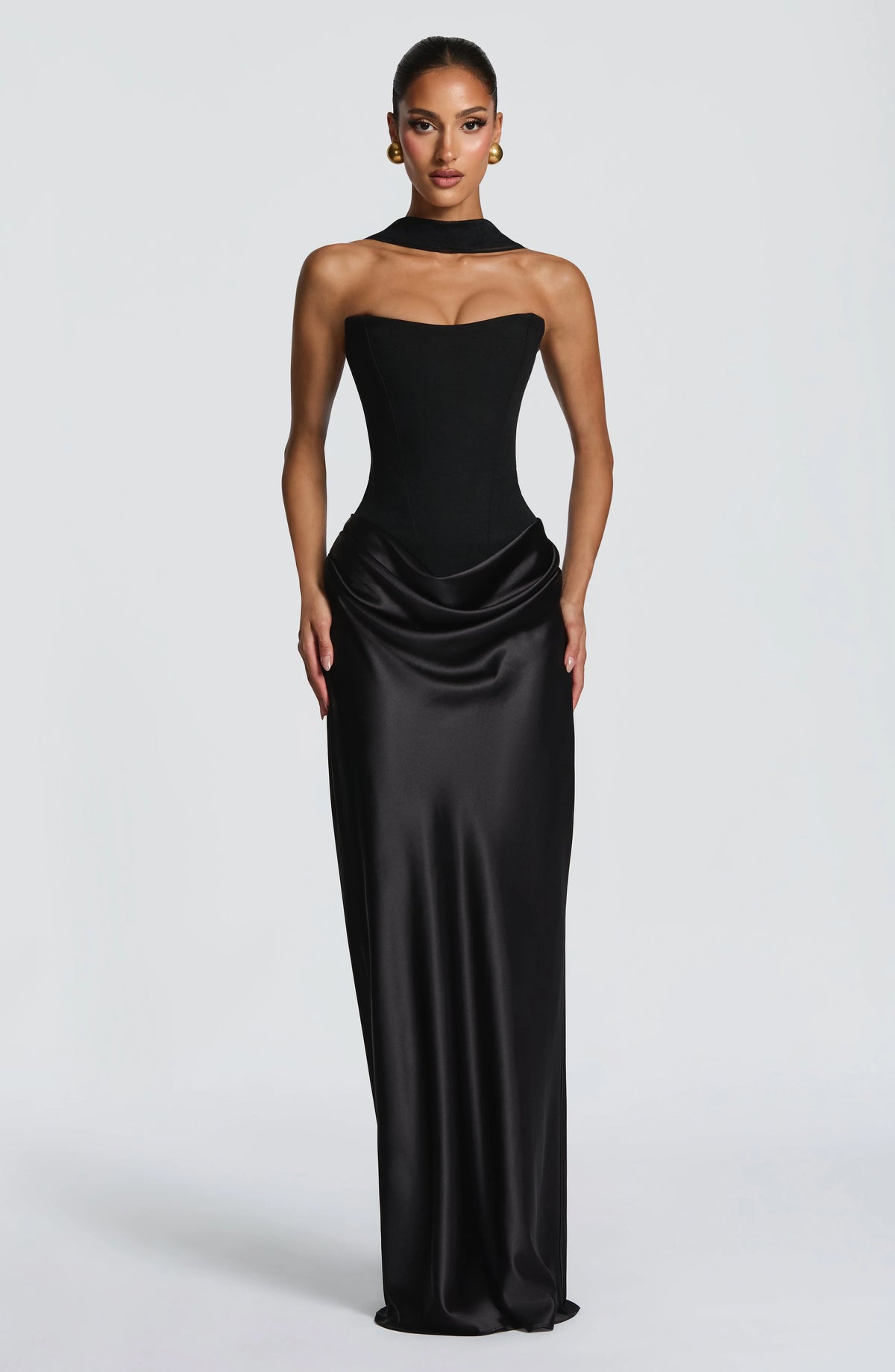 Maxi Dress Strapless Boned Corset Satin Cowl Skirt