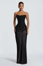 Maxi Dress Strapless Boned Corset Satin Cowl Skirt