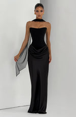 Maxi Dress Strapless Boned Corset Satin Cowl Skirt