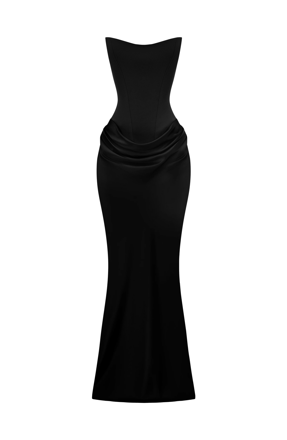 Maxi Dress Strapless Boned Corset Satin Cowl Skirt