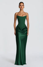 Maxi Dress Strapless Boned Corset Satin Cowl Skirt