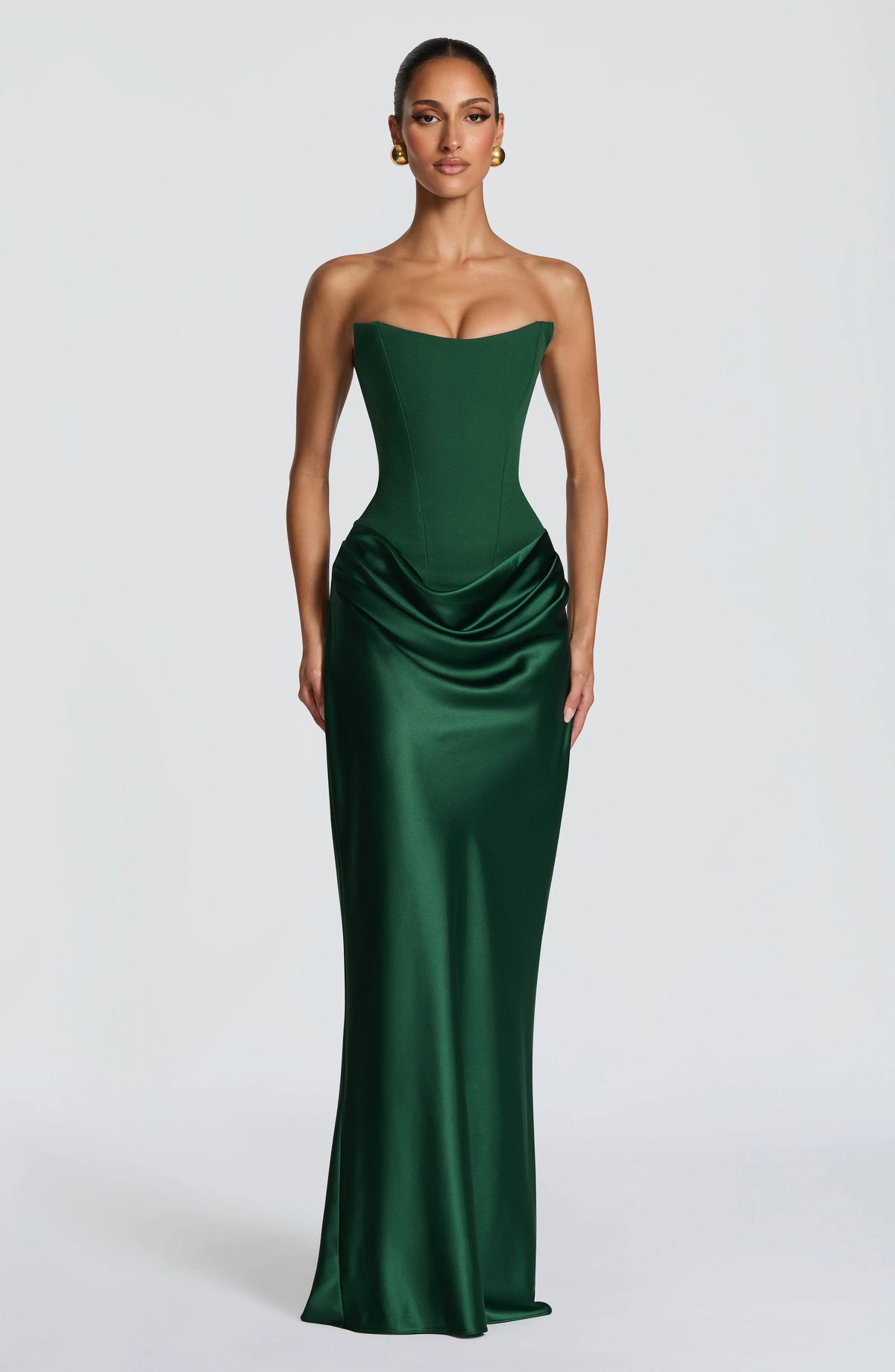 Maxi Dress Strapless Boned Corset Satin Cowl Skirt