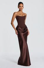 Maxi Dress Strapless Boned Corset Satin Cowl Skirt
