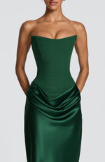 Maxi Dress Strapless Boned Corset Satin Cowl Skirt