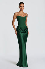 Maxi Dress Strapless Boned Corset Satin Cowl Skirt