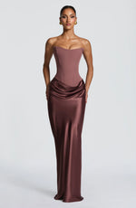 Maxi Dress Strapless Boned Corset Satin Cowl Skirt