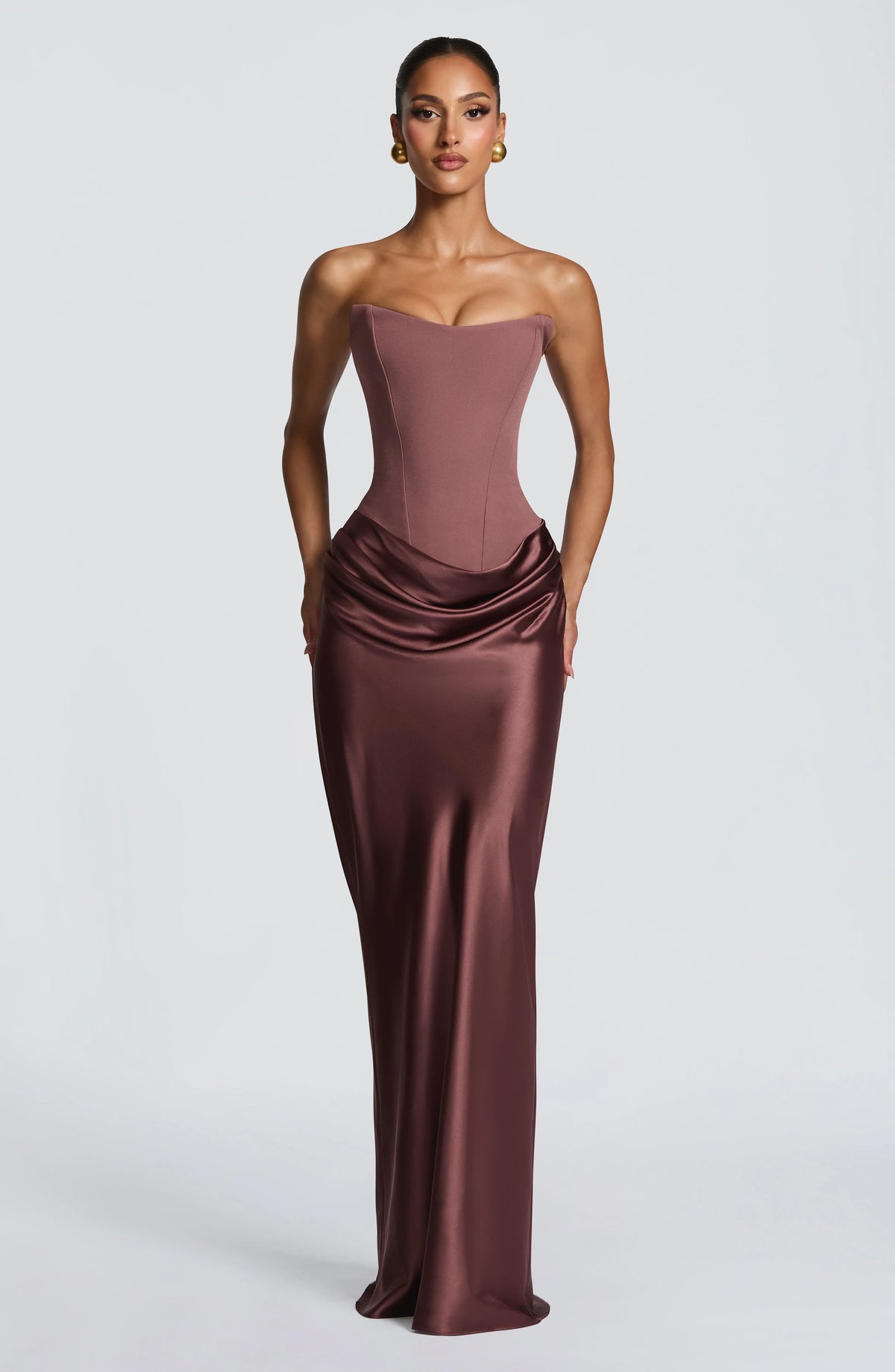 Maxi Dress Strapless Boned Corset Satin Cowl Skirt