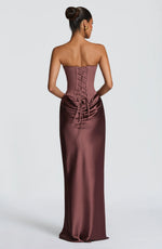 Maxi Dress Strapless Boned Corset Satin Cowl Skirt