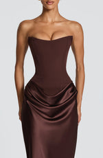 Maxi Dress Strapless Boned Corset Satin Cowl Skirt