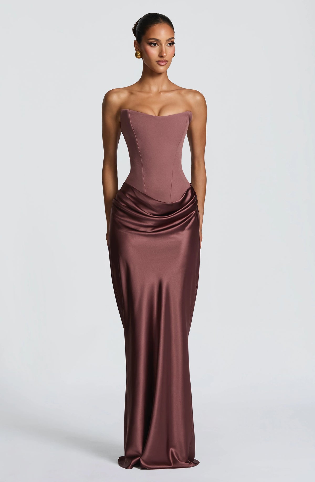 Maxi Dress Strapless Boned Corset Satin Cowl Skirt