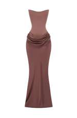 Maxi Dress Strapless Boned Corset Satin Cowl Skirt