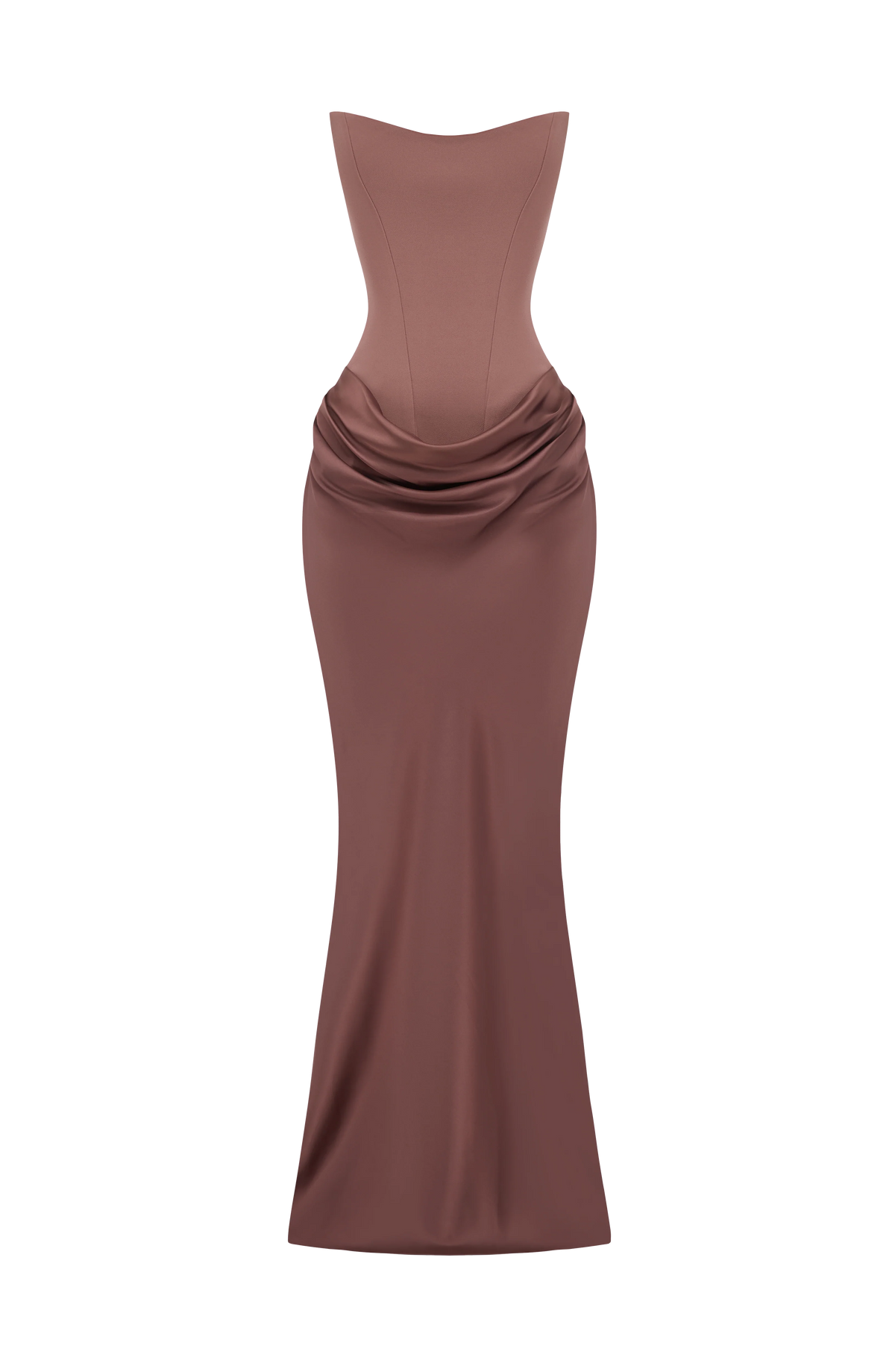 Maxi Dress Strapless Boned Corset Satin Cowl Skirt