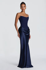 Maxi Dress Strapless Boned Corset Satin Cowl Skirt