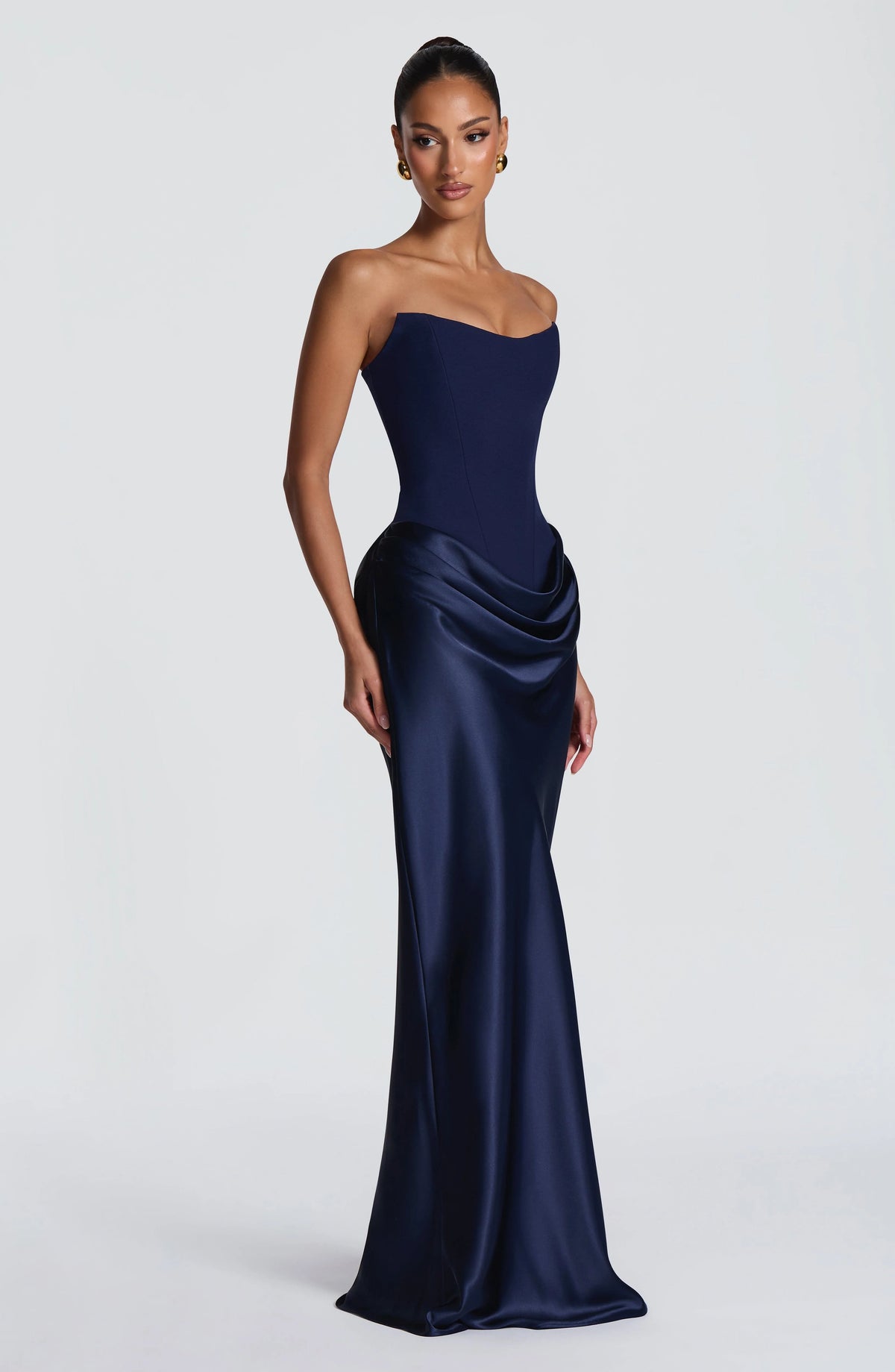 Maxi Dress Strapless Boned Corset Satin Cowl Skirt