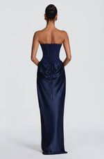 Maxi Dress Strapless Boned Corset Satin Cowl Skirt