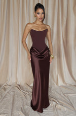 Maxi Dress Strapless Boned Corset Satin Cowl Skirt