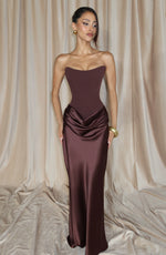 Maxi Dress Strapless Boned Corset Satin Cowl Skirt