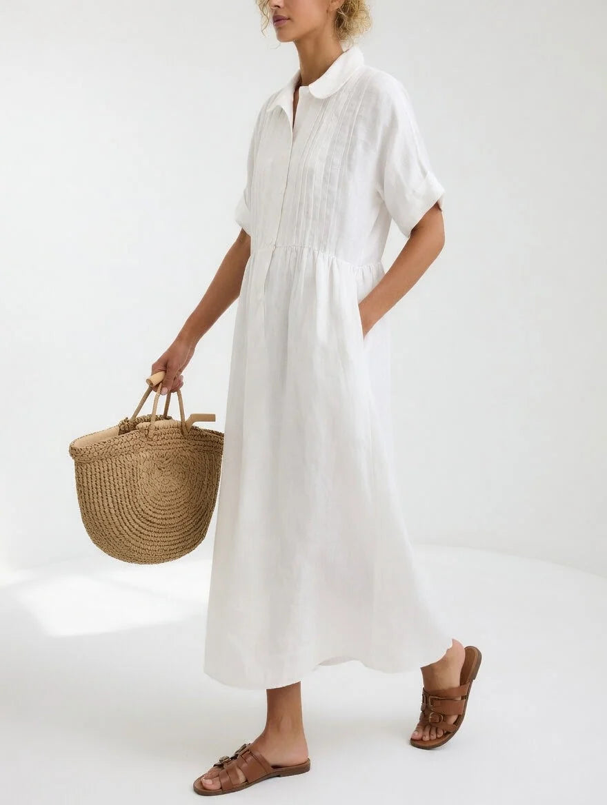 Maxi Shirt Dress 100% Cotton Button-Front Short Sleeves