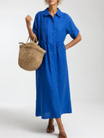 Maxi Shirt Dress 100% Cotton Button-Front Short Sleeves