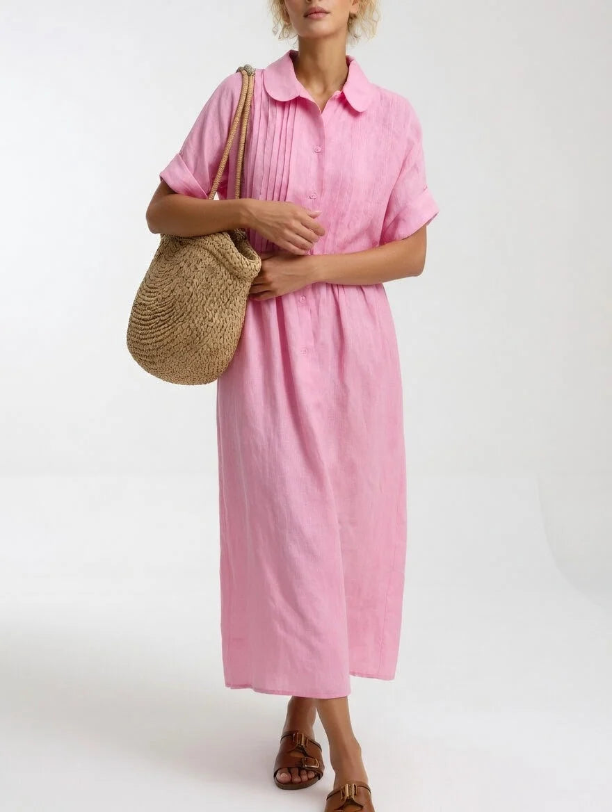 Maxi Shirt Dress 100% Cotton Button-Front Short Sleeves