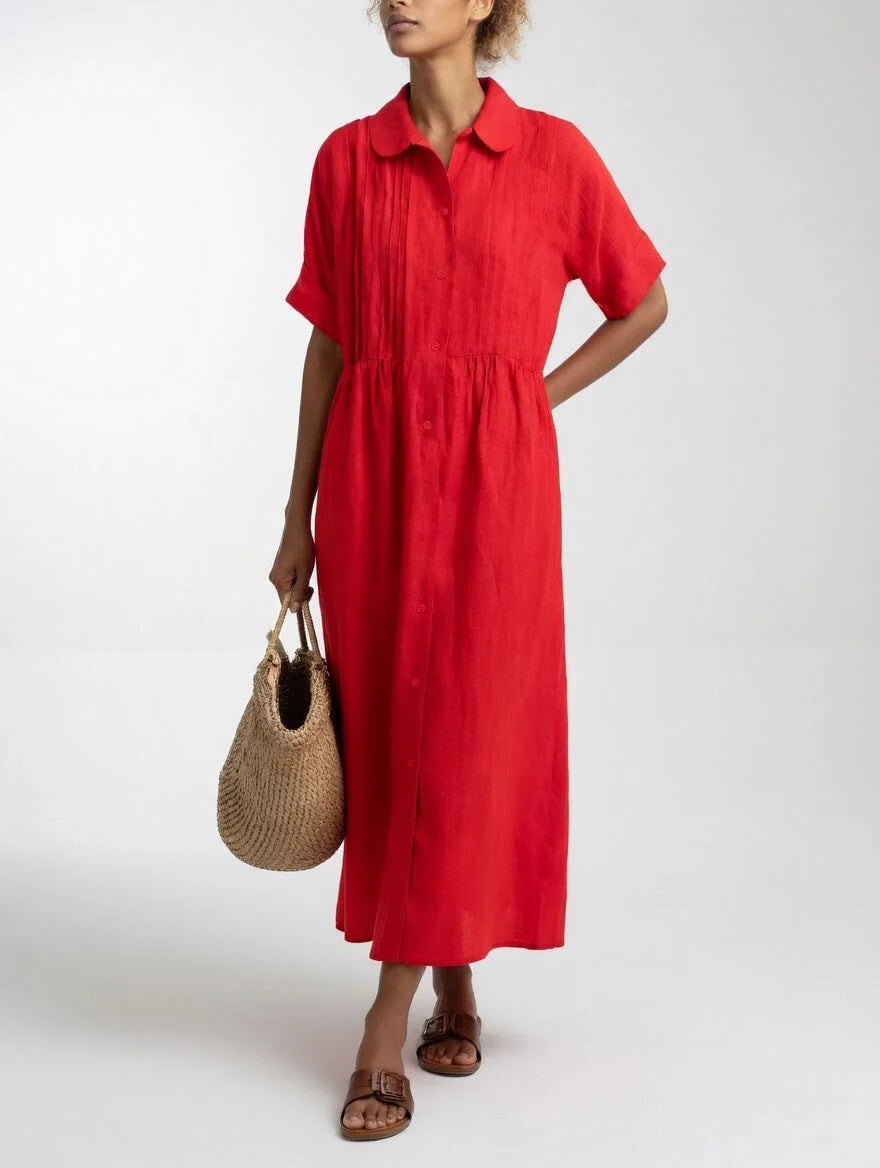 Maxi Shirt Dress 100% Cotton Button-Front Short Sleeves