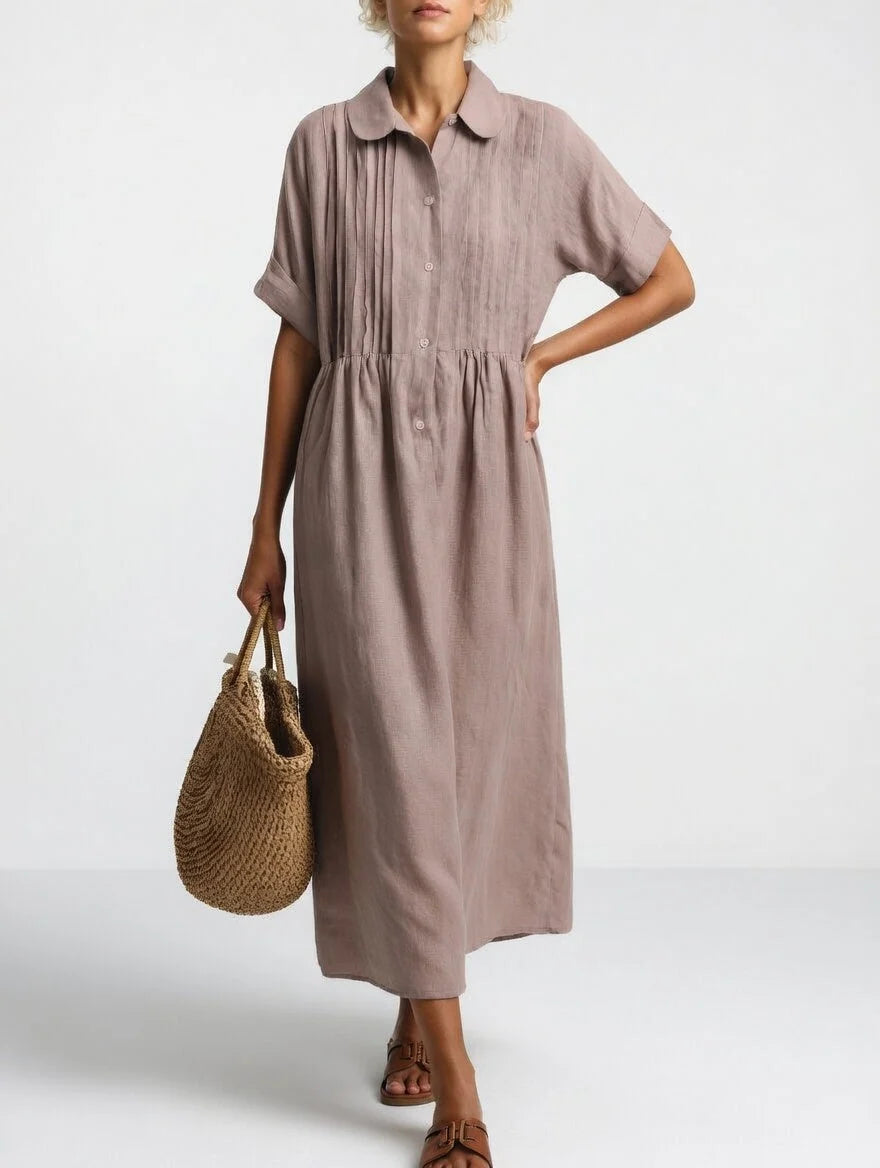 Maxi Shirt Dress 100% Cotton Button-Front Short Sleeves