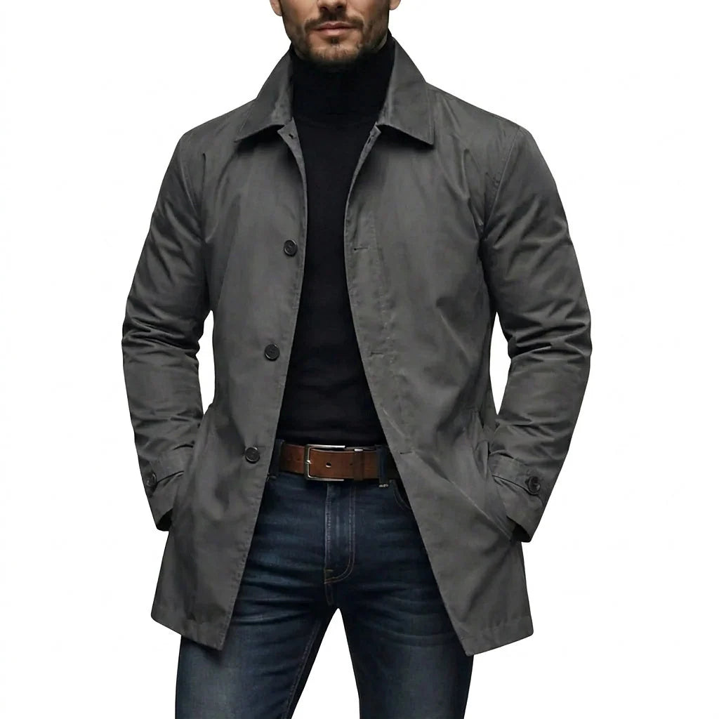 Men’s Coat Mid-Length Button-Front Turn-Down Collar