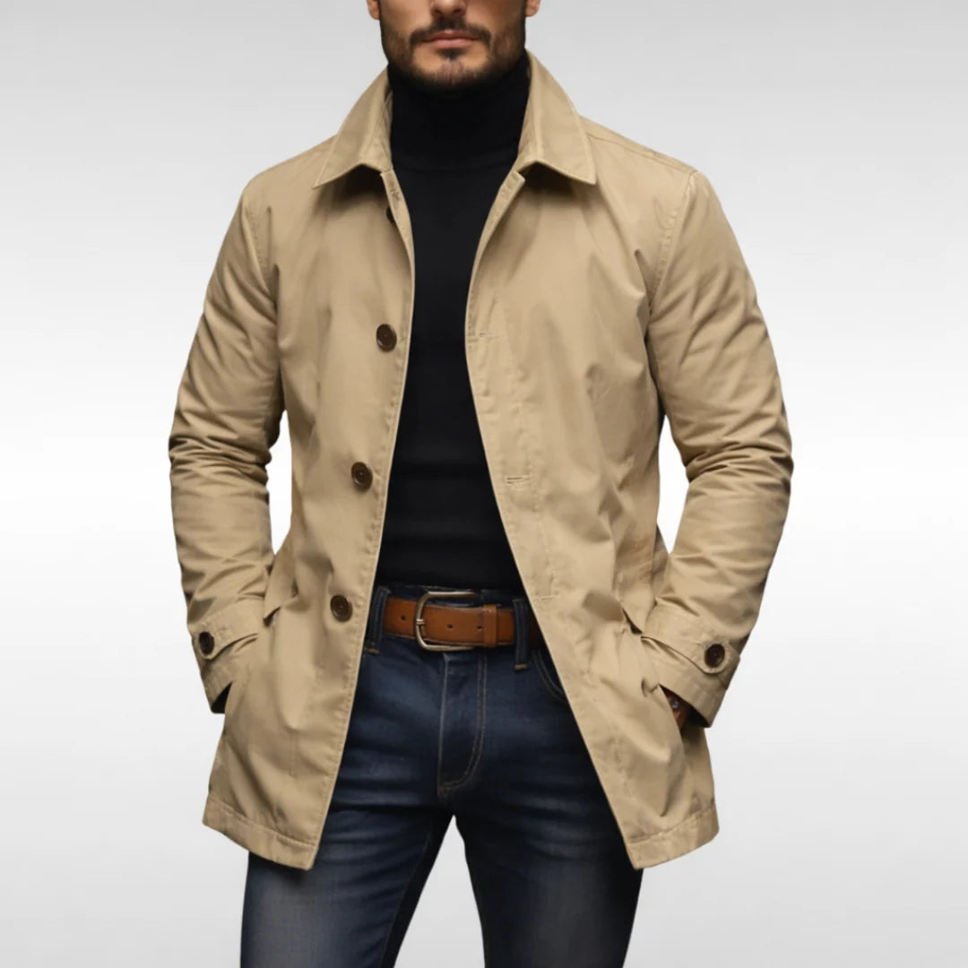 Men’s Coat Mid-Length Button-Front Turn-Down Collar