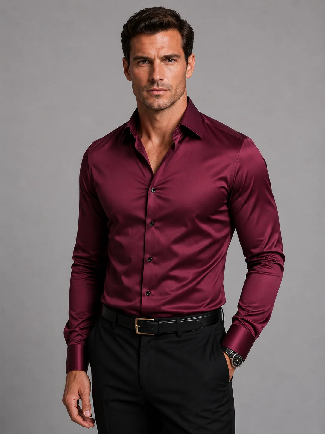 Men’s Dress Shirt Slim Fit Stretch Satin-Look Finish