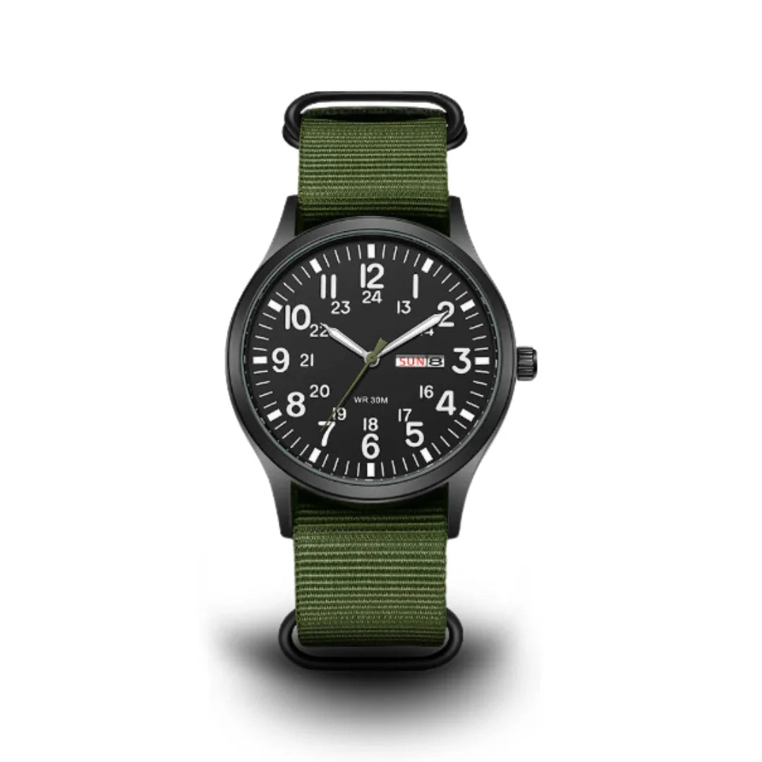 Men's Field Watch Woven Fabric Strap Day-Date Display 24-Hour Dial