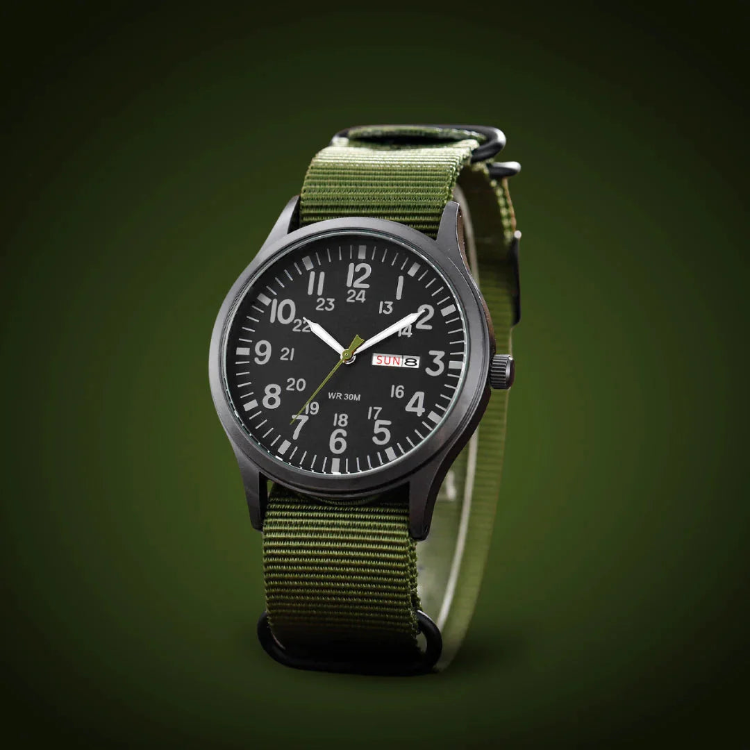 Men's Field Watch Woven Fabric Strap Day-Date Display 24-Hour Dial