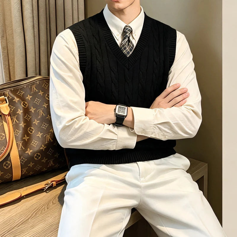 Men’s Knit Vest Cable-Knit V-Neck Wool Blend