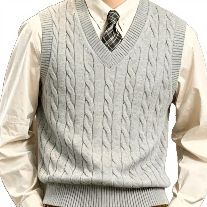 Men’s Knit Vest Cable-Knit V-Neck Wool Blend