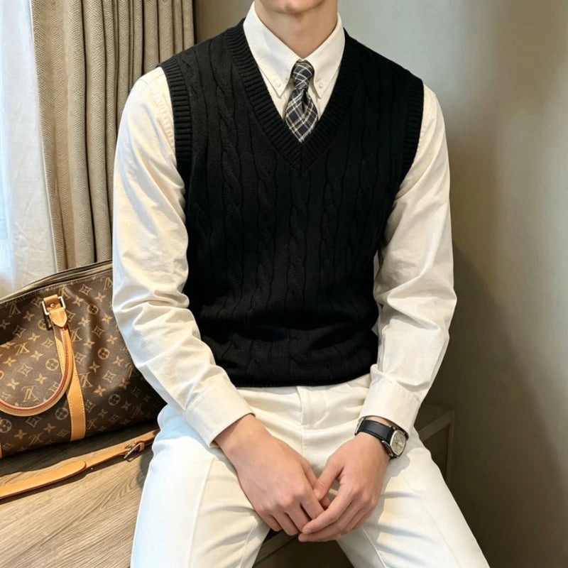 Men’s Knit Vest Cable-Knit V-Neck Wool Blend