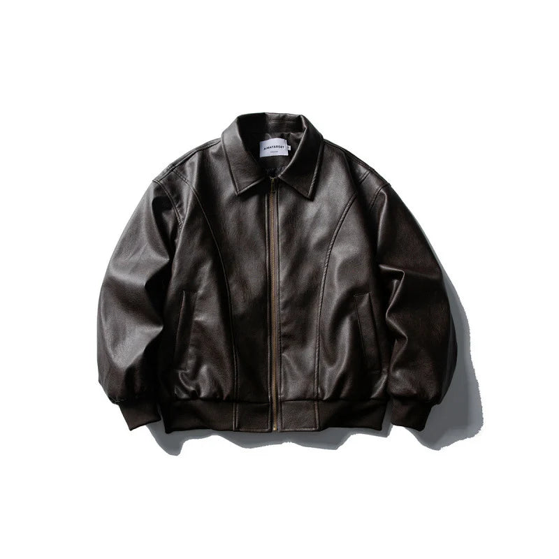 Men’s Leather Bomber Jacket Boxy Fit Full-Zip Closure Wind-Blocking Ribbed Cuffs