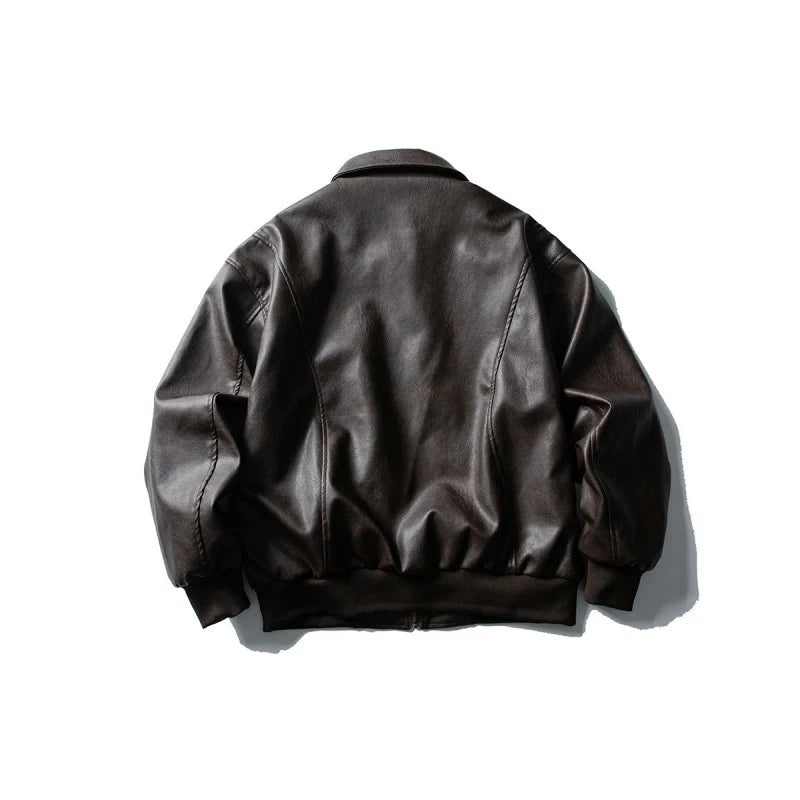 Men’s Leather Bomber Jacket Boxy Fit Full-Zip Closure Wind-Blocking Ribbed Cuffs