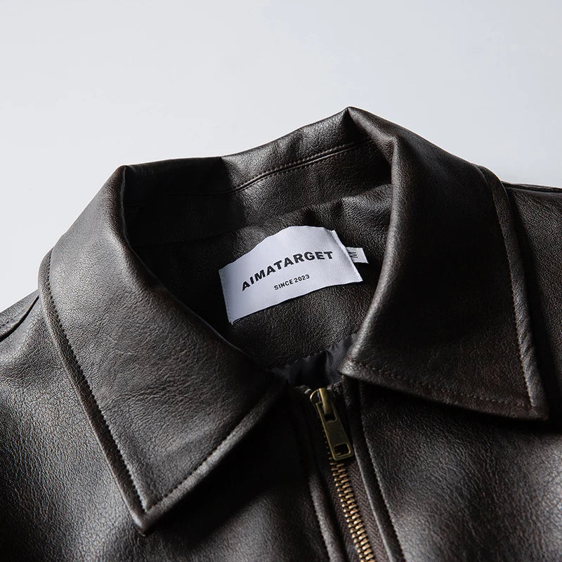 Men’s Leather Bomber Jacket Boxy Fit Full-Zip Closure Wind-Blocking Ribbed Cuffs
