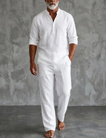 Men's Linen Two-Piece Set Henley Shirt Straight-Leg Trousers