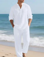Men's Linen Two-Piece Set Henley Shirt Straight-Leg Trousers