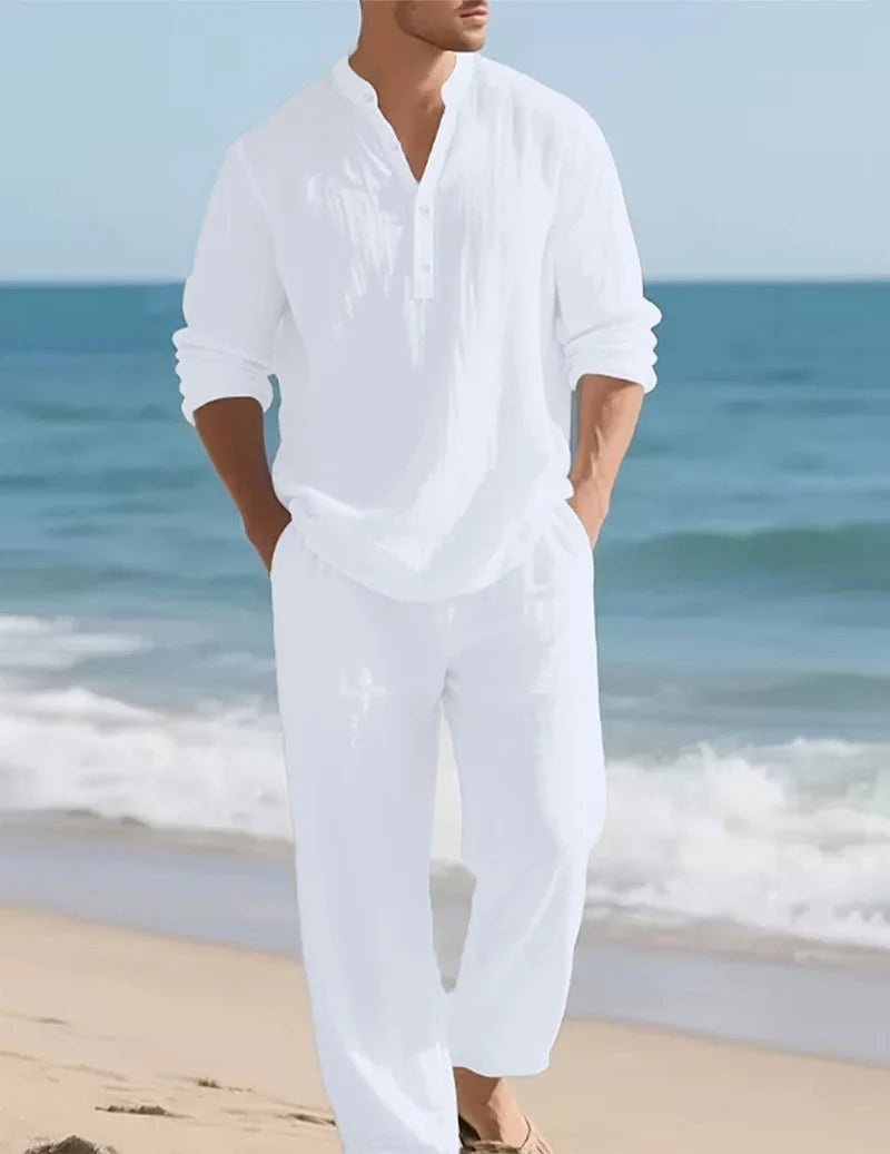 Men's Linen Two-Piece Set Henley Shirt Straight-Leg Trousers