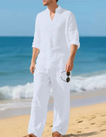 Men's Linen Two-Piece Set Henley Shirt Straight-Leg Trousers
