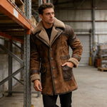 Men’s Long Coat Sherpa-Lined Suede-Look Leather Trim