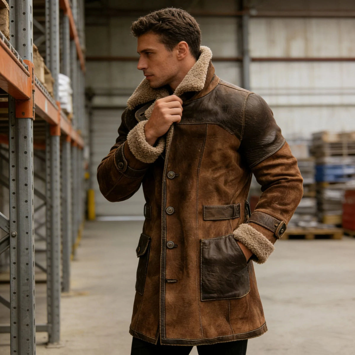 Men’s Long Coat Sherpa-Lined Suede-Look Leather Trim
