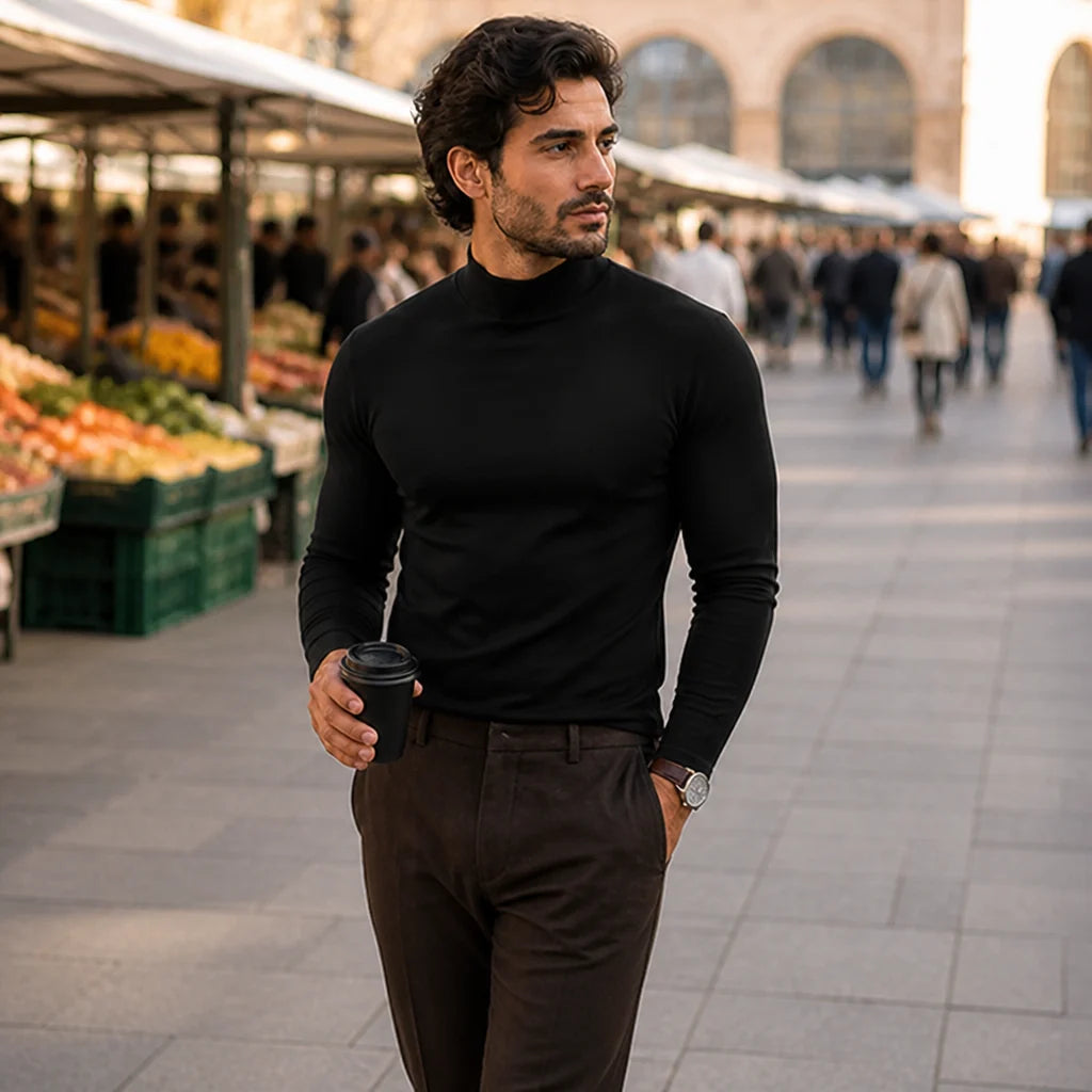 Men’s Long-Sleeve Shirt Slim Fit Fold-Over Stand-Up Collar