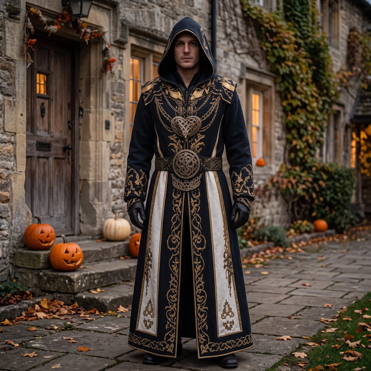 Men's Medieval Costume Hooded Cloak Celtic-Inspired Details